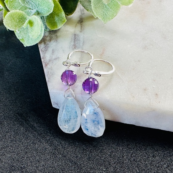 Moonstone and Amethyst Earrings Sterling Silver Lever Back Dangle - Picture 6 of 10